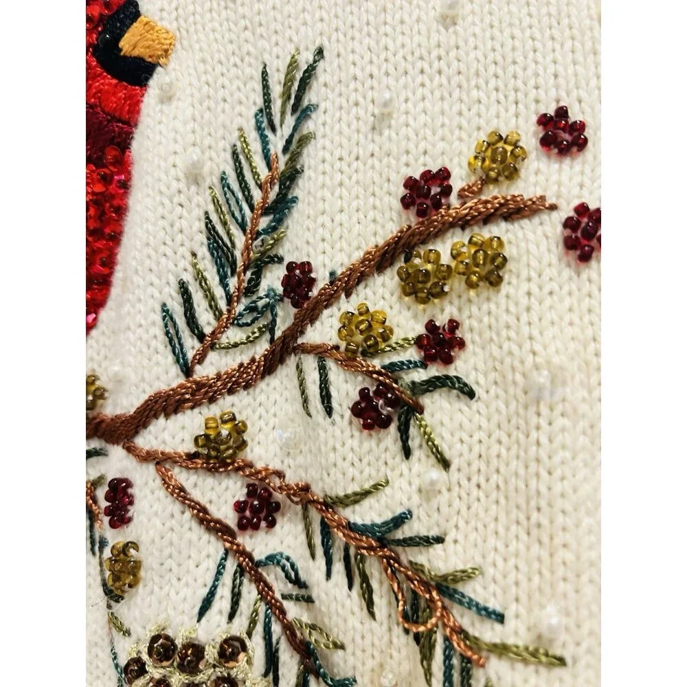 Vintage Cardinal Sweater Extra Large Beaded Sequin‎ Pearl Holiday Zipper Closure - Picture 12 of 15